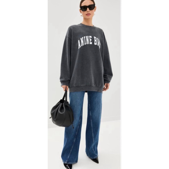 ANINE BING Tyler Varsity Oversized Sweatshirt in Washed Black, Cotton, Size XL - Picture 7 of 11